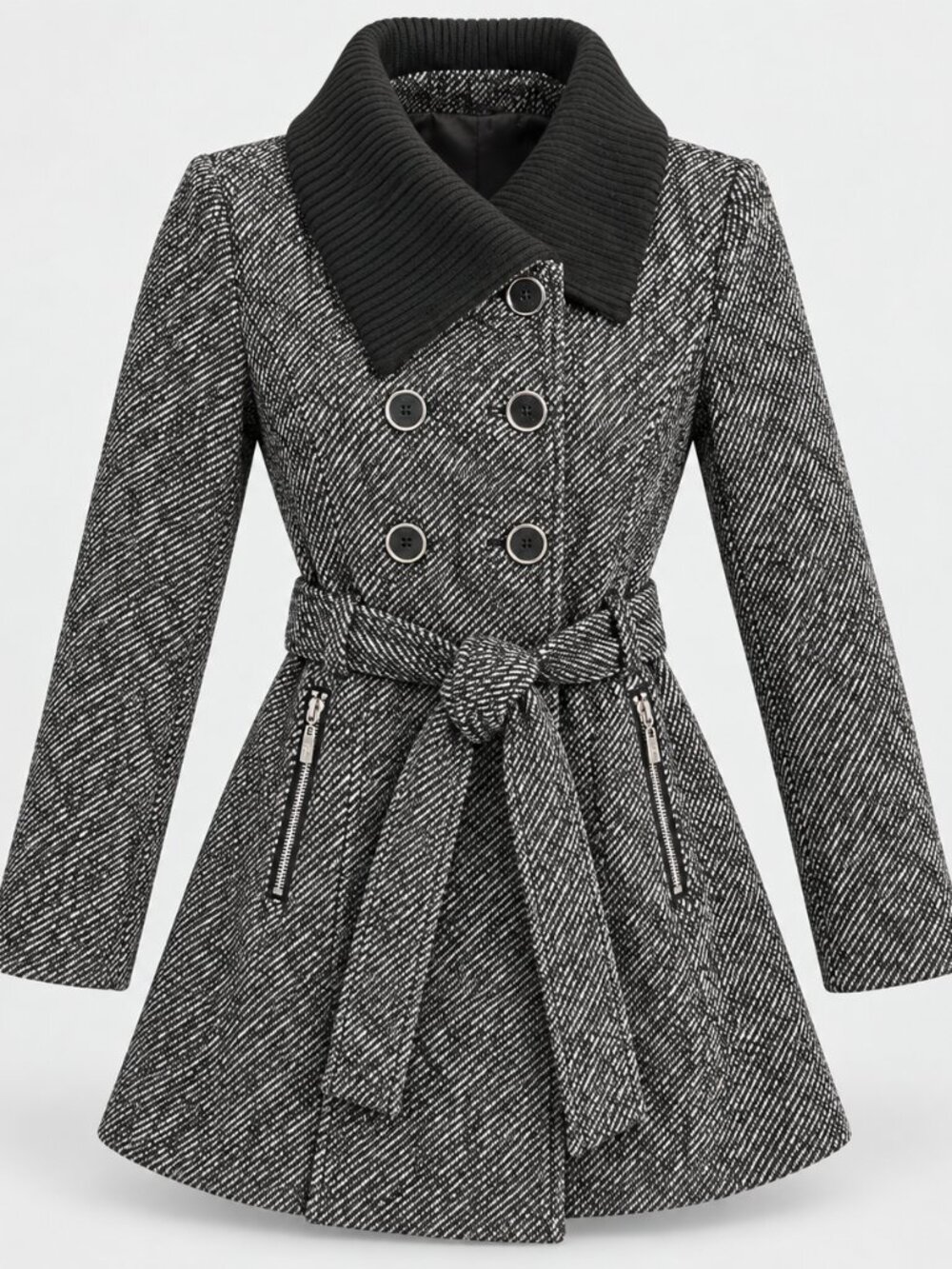 GUESS Women’s Small Black White Tweed Belted Double-Breasted Coat